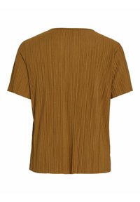 Haut marron à manches courtes avec de fines plis verticaux et un ourlet droit, vu de dos sur fond blanc.