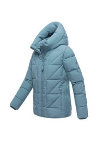 Ljusblå quiltad pufferjacka med hög krage, som har en dragkedja framtill, sidofickor och triangulära mönsterdetaljer på tyget.