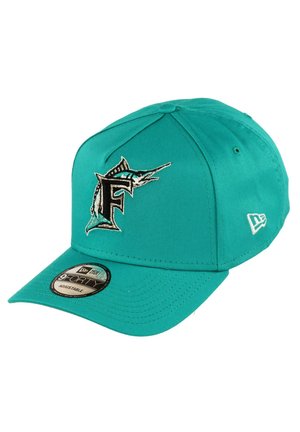 Teal baseball cap with adjustable strap, featuring an embroidered marlin and letter "F" design on the front, and a New Era logo on the side.