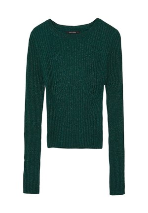 Grüne gerippte Strickjacke mit langen Ärmeln und rundem Ausschnitt. Verfügt über einen feinen Schimmer im gesamten Stoff. Kurzes, tailliertes Design.