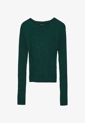 Maglione verde a coste con maniche lunghe e scollo rotondo. Presenta una leggera lucentezza su tutta la superficie del tessuto. Design corto e aderente.