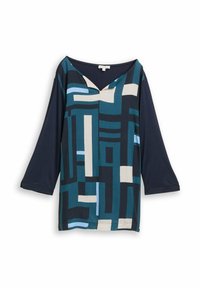 Blauwe en marineblauwe top met een geometrisch patroon met verschillende tinten blauw en crème. V-hals en driekwart mouwen. Soepele stof.