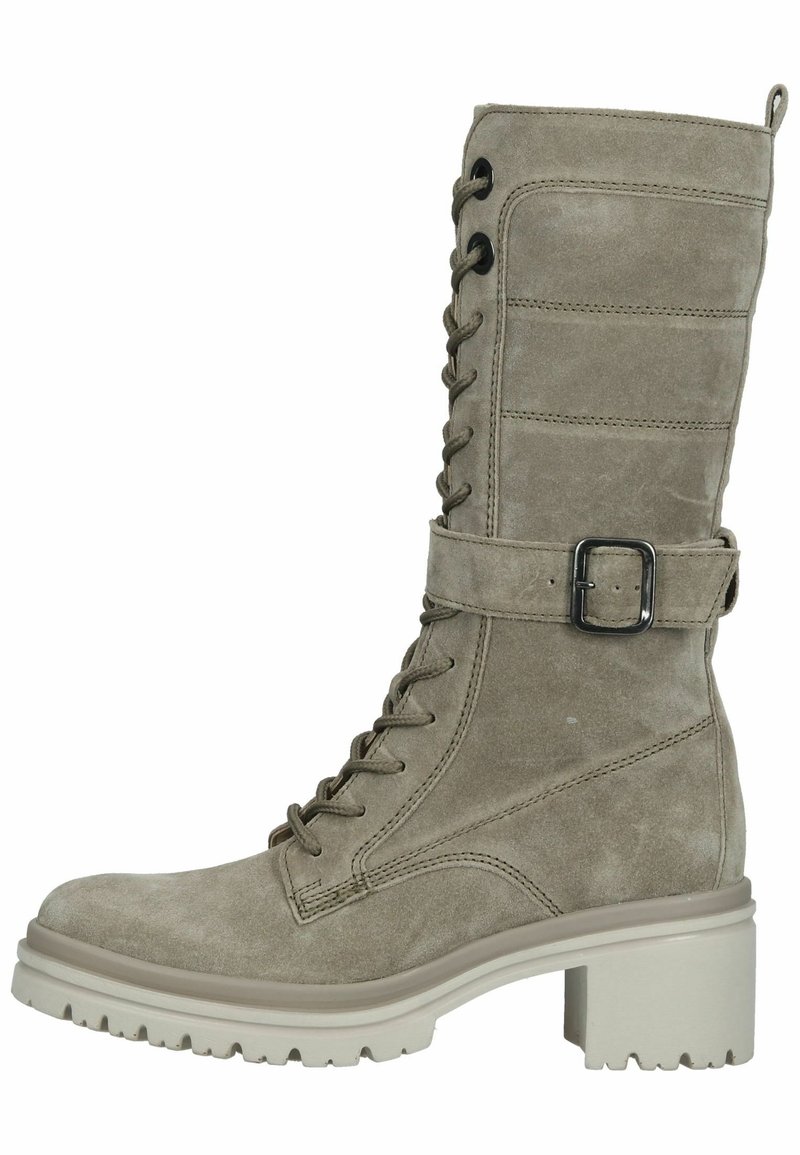 Botte mi-mollet en daim taupe à lacets avec boucle latérale, talon bloc et semelle en caoutchouc épaisse à motif de traction.