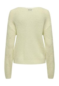 Maglione a maglia giallo pallido, con texture, maniche lunghe e taglio rilassato. Presenta un ampio scollo e bordo a costine nella parte inferiore.