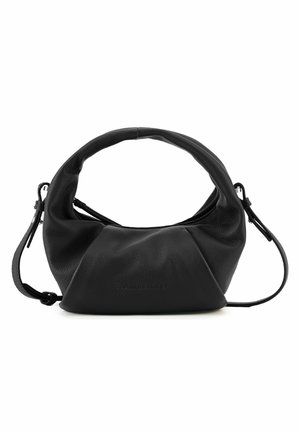 Sac à main en cuir souple noir avec une poignée arrondie et une sangle d’épaule réglable, avec un marquage embossé subtil sur le devant.