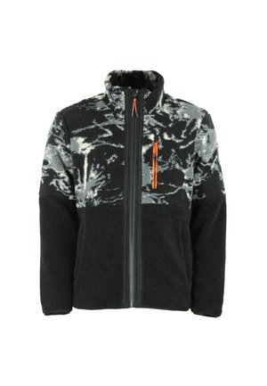 Veste en polaire avec un motif moucheté noir et gris, col montant, fermeture éclair à l'avant et une poche poitrine zippée orange. Texture douce.