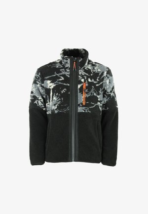 Veste en polaire avec un motif moucheté noir et gris, col montant, fermeture éclair à l'avant et une poche poitrine zippée orange. Texture douce.