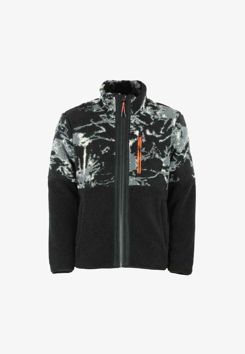 Fleecejack met een zwart en grijs gemeleerd patroon, hoge kraag, voorkant met rits en een oranje ritszak op de borst. Zachte textuur.