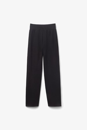 Pantalon noir taille haute à jambes droites avec une ceinture lisse, conçu sans poches visibles ni fermetures.