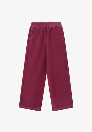 Corduroy pants in burgundy, featuring an elastic waistband, wide legs, and two side pockets. The fabric has a textured ribbed surface.