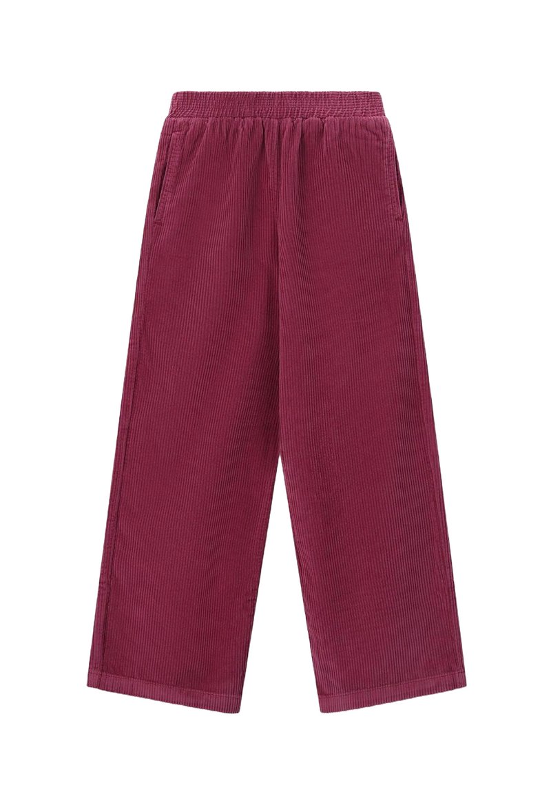 Bordeauxkleurige corduroybroek met een elastische tailleband, wijde pijpen en twee zijzakken. De stof heeft een gestructureerd ribbeloppervlak.