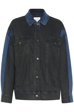 Dark denim jacket with a light blue accent on the arms, featuring a button-up front, two chest pockets, and a classic collar design.