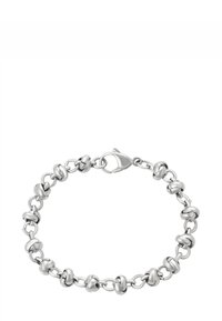 Bracciale in argento con maglie a nodo arrotondato equidistanti e chiusura a moschettone su sfondo bianco.