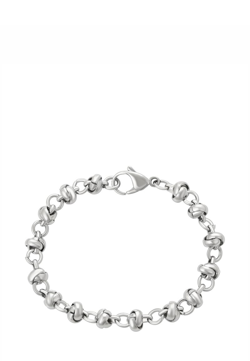 Bracciale in argento con maglie a nodo arrotondato equidistanti e chiusura a moschettone su sfondo bianco.