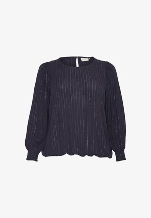 Tengerészkék blúz hosszú, puffos ujjakkal és kerek nyakkivágással. Finom függőleges csíkozás jellemzi, és megkötött szegéllyel van ellátva. Hátul gombos nyakmegoldással.