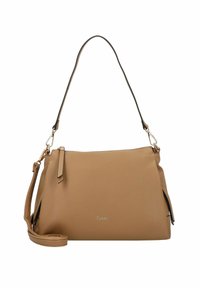 Hellbraune Handtasche mit einer strukturierten Oberfläche, langem Schulterriemen und goldfarbenen Beschlägen. Auf der Vorderseite befindet sich ein eingeprägtes Logo.