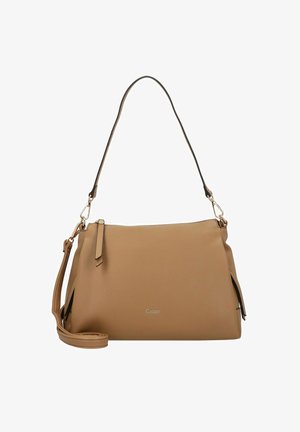Hellbraune Handtasche mit einer strukturierten Oberfläche, langem Schulterriemen und goldfarbenen Beschlägen. Auf der Vorderseite befindet sich ein eingeprägtes Logo.