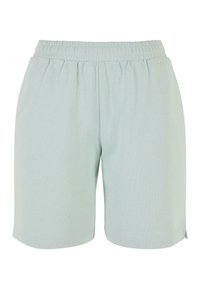 Light green cotton shorts with an elastic waistband, straight cut, and side slits at the hem for comfort and ease of movement.