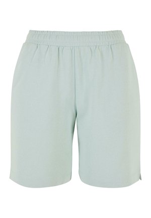 Light green cotton shorts with an elastic waistband, straight cut, and side slits at the hem for comfort and ease of movement.