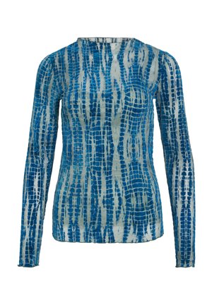 Blouse à manches longues avec un motif abstrait bleu et beige clair, en tissu léger, dotée d'un col arrondi et d'une silhouette ajustée.