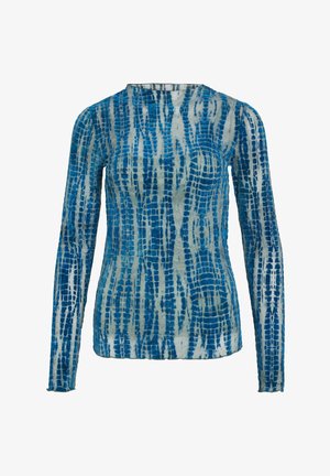 Blouse à manches longues avec un motif abstrait bleu et beige clair, en tissu léger, dotée d'un col arrondi et d'une silhouette ajustée.