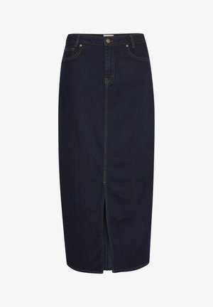 Dunkelblaue Jeansmaxikleid mit einem Frontschlitz. Mit orangefarbener Ziernaht und klassischem Fünf-Taschen-Design. Knopfverschluss an der Taille.