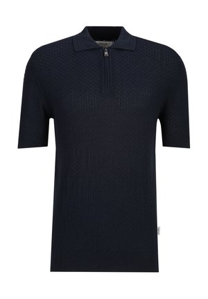 Marineblauw kort mouw gebreid polo shirt met subtiel structuurpatroon en een kraag met rits.