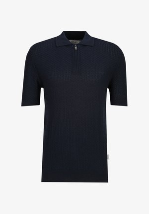 Polo en maille bleu marine à manches courtes avec un motif texturé subtil et un col zippé.