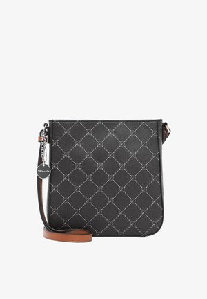 Ristiöökott mustast kunstnahast, millel on diamantruutude muster hõbedaste aktsentidega, pruun rihm ja logovõlu. Ruudukujuline, sile tekstuur.