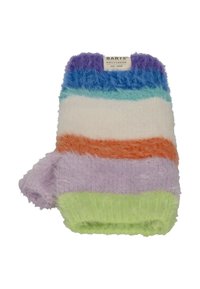 Fuzzy fingerless glove with horizontal stripes in purple, blue, green, white, orange, and lavender. Tag reads "BARTS, Amsterdam, Est. 1992."