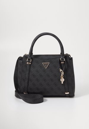 Black synthetic handbag with a textured surface, featuring gold-toned hardware, logo plaque, and a detachable strap. Subtle pattern throughout.