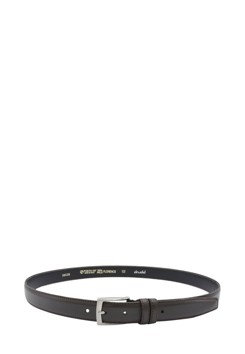 Dark brown leather belt with silver buckle, visible stitching, and printed brand and size details inside the strap.