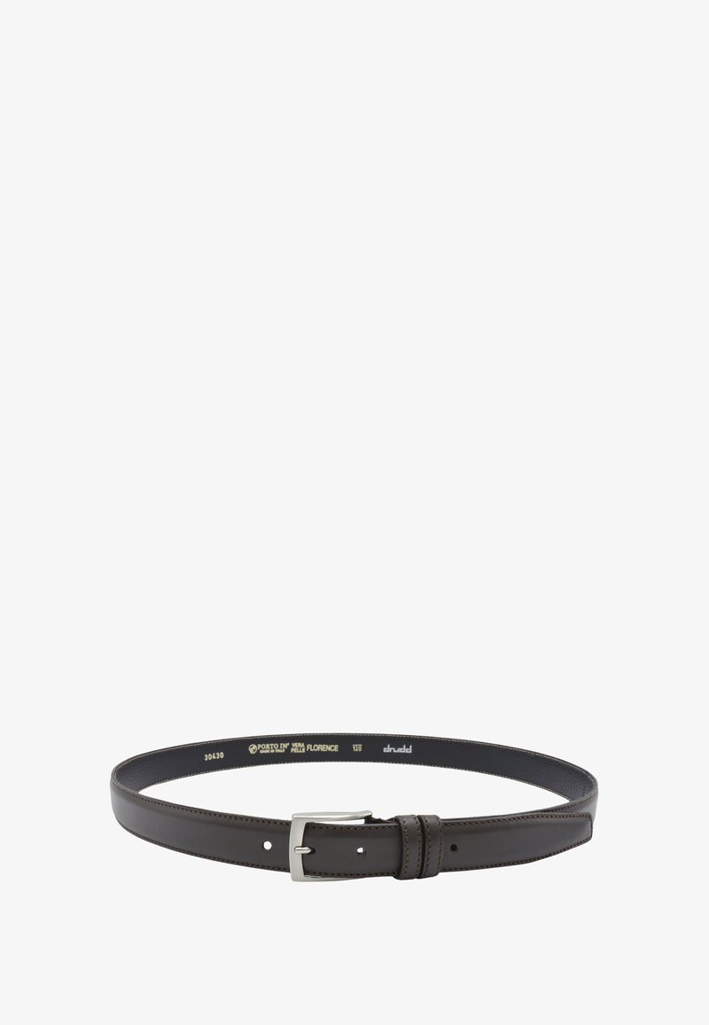 Dark brown leather belt with silver buckle, visible stitching, and printed brand and size details inside the strap.