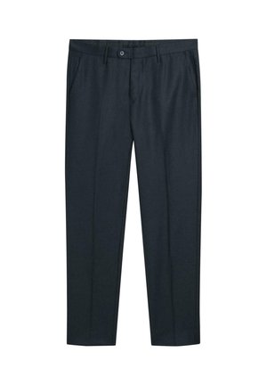 Granatowe, dopasowane spodnie od garnituru z przednimi kieszeniami, szlufkami na pasek i zapięciem na guzik w pasie.