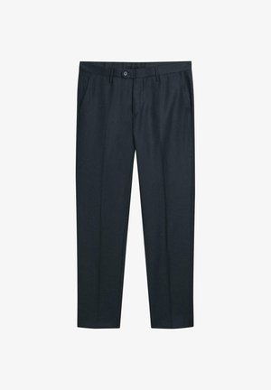 Granatowe, dopasowane spodnie od garnituru z przednimi kieszeniami, szlufkami na pasek i zapięciem na guzik w pasie.