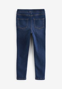 Dunkelblaue Jeansleggings mit glatter Textur, elastischem Bund, zwei Gesäßtaschen und kontrastierenden Nähten.