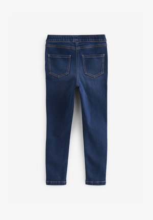 Sötétkék farmer leggings sima textúrával, elasztikus derékpánttal, két hátsó zsebbel és kontrasztos varrási részletekkel.