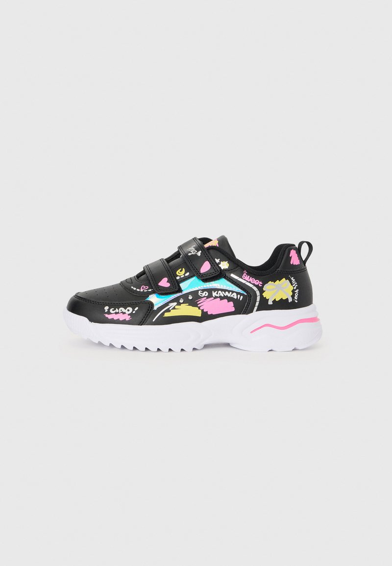Black sneaker with a smooth synthetic upper, featuring colorful doodles, Velcro straps, and a chunky white sole with pink accents.