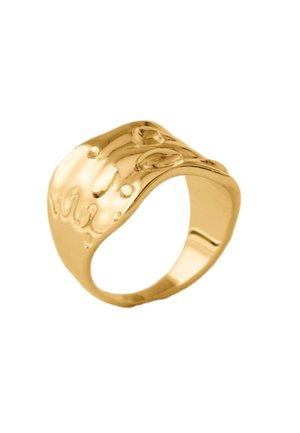 Gold-toned wide band ring with an irregular, melted texture and smooth, reflective surface.
