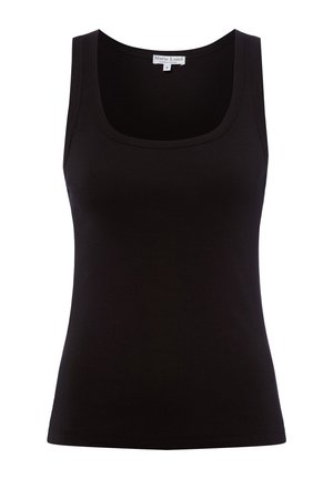 Schwarzes, geripptes ärmelloses Tank-Top mit runder Ausschnitt, Größe Small, Etikett innen am Kragen sichtbar.