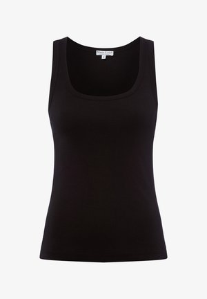 Canotta nera a coste senza maniche con scollatura a girocollo, etichetta taglia piccola visibile all'interno del colletto.