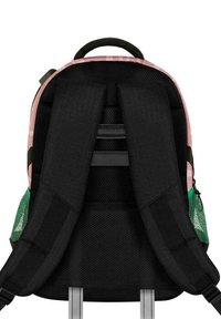 Mochila de malla negra con acentos rosas y bolsillos laterales verdes. Cuenta con correas acolchadas y un panel trasero texturizado para ventilación.