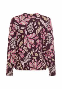 Langärmeliges Oberteil in Dunkellila mit Blumenmuster in Pink, Creme und Grün. Verfügt über einen elastischen Saum und weichen Stoff mit legerer Passform.