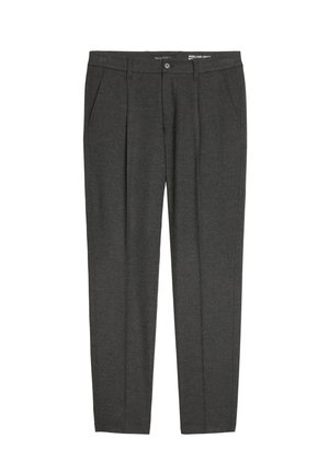 Grau maßgeschneiderte Hose aus einem gewebten Stoff. Verfügt über zwei vordere Falten, seitliche Taschen und einen Knopfverschluss am Bund.