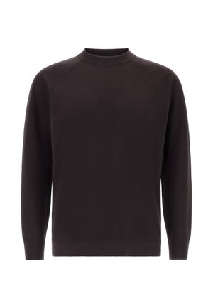 Ein schlichter, dunkelbrauner Langarmpullover mit geripptem Rundhalsausschnitt, Bündchen und Saum, vor einem weißen Hintergrund präsentiert.