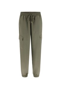 Pantaloni cargo verde oliva con vita elastica e cordino, dotati di numerose tasche e orli affusolati alle caviglie.