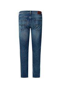 Jeans in denim blu con design a gamba dritta, cinque tasche e un'etichetta in pelle marrone nella parte posteriore della vita. Texture strappata con sbiaditura.