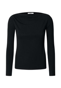 Μαύρη μπλούζα μακρυμάνικη με ελαφρώς ντραπαρισμένο ντεκολτέ, κατασκευασμένη από υφασμάτινο ύφασμα με διακριτικό μοτίβο. Σχεδιασμός σε στενή γραμμή.