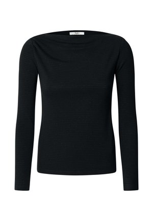 Melnas garām piedurknēm krekls ar viegli krītošu izgriezumu, izgatavots no faktūras auduma ar smalku rakstu. Šauras piegriezuma dizains.