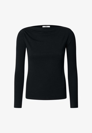 Črna majica z dolgimi rokavi z rahlo drapiranim izrezom, izdelana iz teksturirane tkanine z nežnim vzorcem. Prilegajoč kroj.